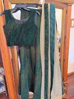 Emerald Green Embellished Lehenga Set with Gold Detailing